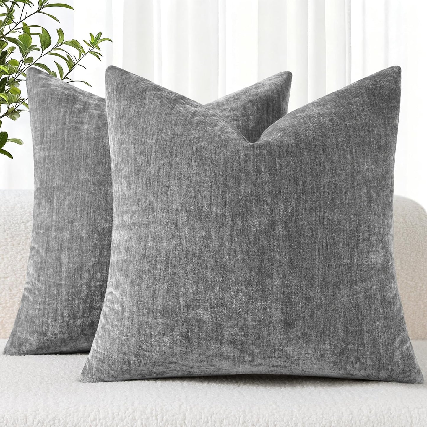 24x24 Inch Set 2, decorUhome Chenille Dark Grey Throw Pillow Covers of Decorative Soft Couch Pillow Covers Solid Dyed