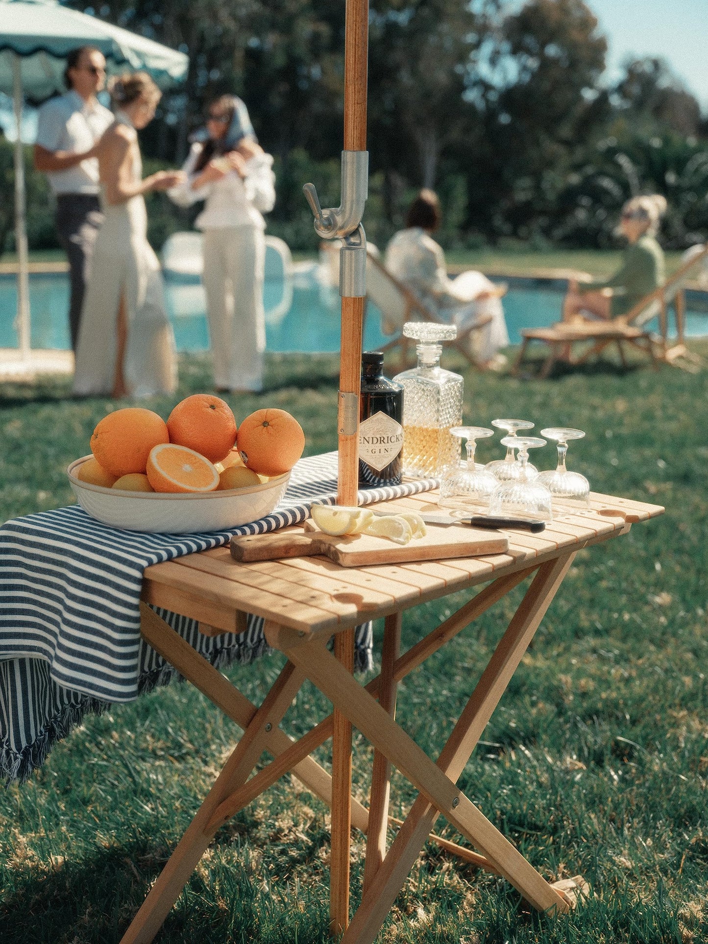 Business & Pleasure Co. Tall Folding Picnic Table - Perfect Outdoor Table for Picnics and Hosting - 4 Wine Glass Holders - Umbrella Hole - Premium Teak Hardwood