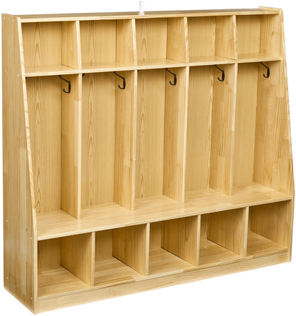 Amazon Basics Coat Locker, 5-Section with Bench, Daycare Classroom Furniture, Backpack Storage, 13"D x 54"W x 48"H, Natural Finish, Solid Pine Wood, Mudroom Furniture with Hooks for Home