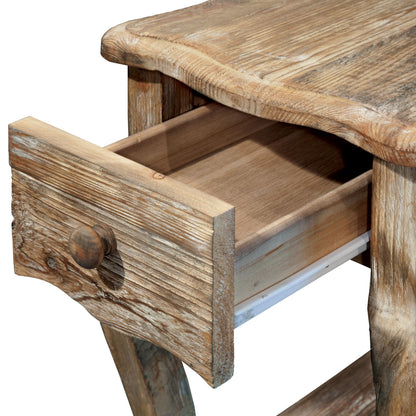 Alaterre Furniture Austerity Living Room Tables – 15 Inch Narrow Chairside Table with Drawer, Shelf, Scalloped Edges, & Curved Legs – Rustic Accent Side Table in Driftwood Finish