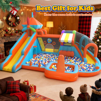 Inflatable Bounce House with Double Slide, 10 in 1 Large Bounce Castle with 750W Blower, Water Slide, Jumping, Splash Pool, Climbing Wall, Toy Stand, Water Cannon, Basketball, Tunnel, Outdoor, Orange