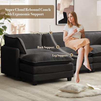 ROWHY 112'' Sectional Cloud Couch with Movable Ottoman, 4 Seat Modern Chenille Modular Sofa with 2 Throw Pillows, Deep Seat L Shaped Couch for Living Room Bedroom Apartment, Dark Grey