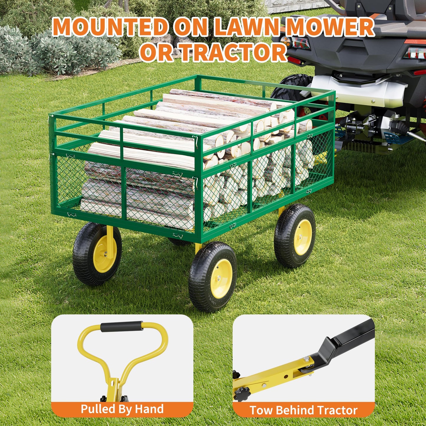 3-in-1 Heavy-Duty Steel Garden Cart, 1400 Lbs Garden Wagon, with 13 Inch All-Terrain Tires and Removable Mesh Side Panels, 180° Rotating Handle, Metal Utility Yard Trailer, Outdoor Gardens Wagon Cart
