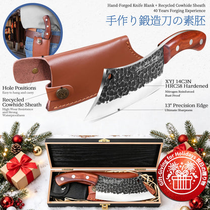 Cuts Like Butter 6.2 Inch Meat Cleaver Butcher Knife with Leather Sheath, Wooden Gift Box, Full Tang High Carbon Steel Japanese Chef Knife for Kitchen Outdoor, Gifts for Women Men Christmas Birthday