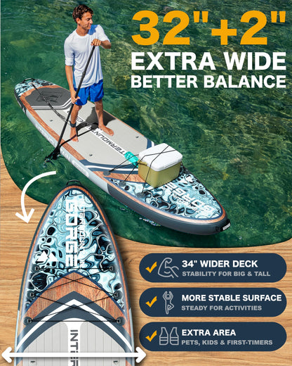 11'x34 Ultra Wide Paddleboard, Inflatable SUP&420lb Capacity for All Skill, Stand-up Paddle Board for Yoga/Family, EVA Deck, US Fin, High-Pressure Pump, 100L Bag, Safety Leash