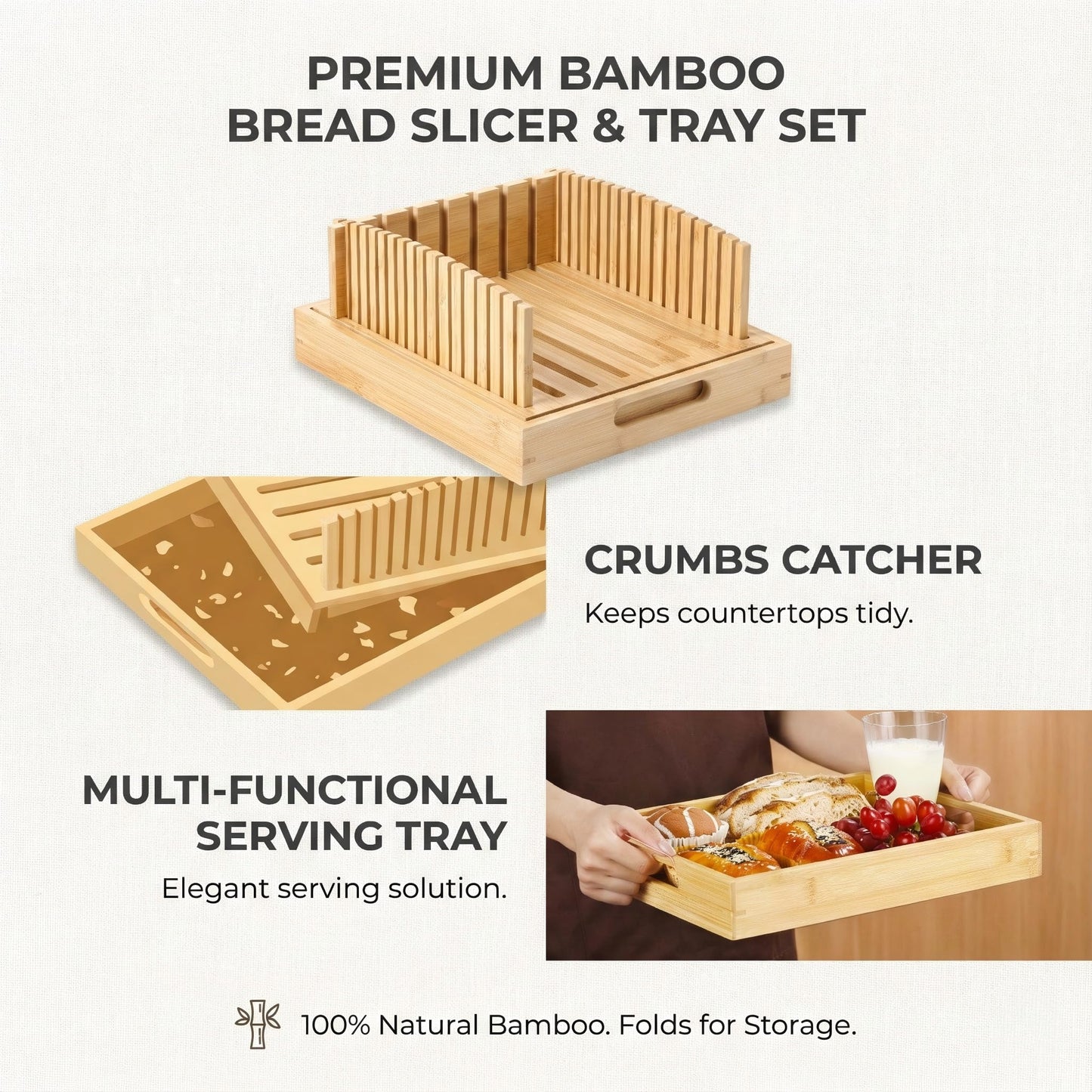 Bamboo Bread Slicer for Homemade Bread - Sturdy Bread Cutting Guide with Crumb Catcher Tray & Serving Board - Bread Cutter Machine for Loaf, Sandwich, Baking