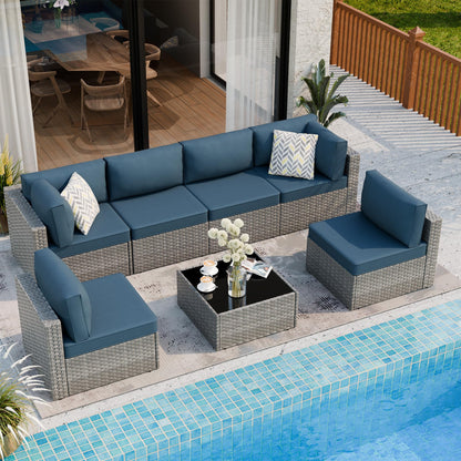 Shintenchi 7 Pieces Outdoor Patio Furniture Sets, Patio Sectional Sofa Couch, Gray PE Wicker Furniture Modular Patio Conversation Sets Patio Sofa with Washable Cushions, Aegean Blue
