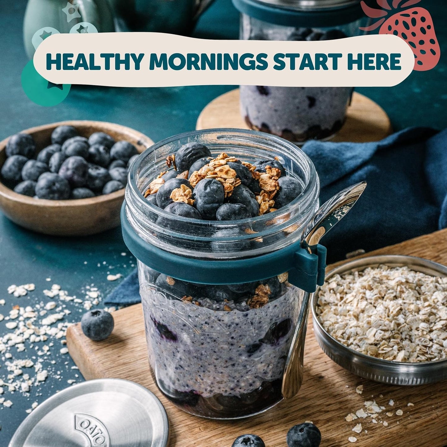 16oz Set 4 Pack Overnight Oats Containers with Lids & Spoons - Stainless Steel Lid Leakproof Glass Jars for Chia