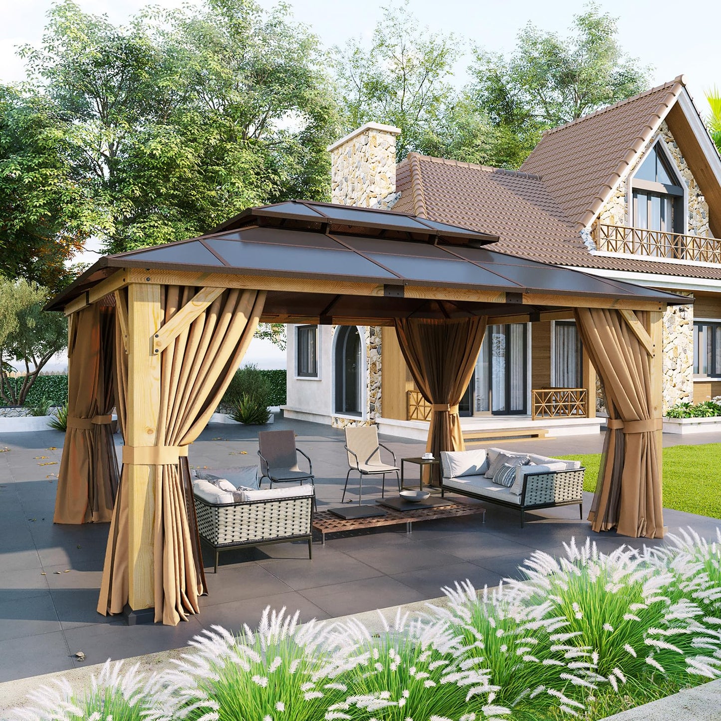 Aoxun 12' x 16' Outdoor Wood Gazebo with Double Polycarbonate Top, Hardtop Gazebo Permanent Wooden Pavilion with Breathable Netting and Privacy Curtain for Patio, Garden, Deck, Cedar Wood, Natural