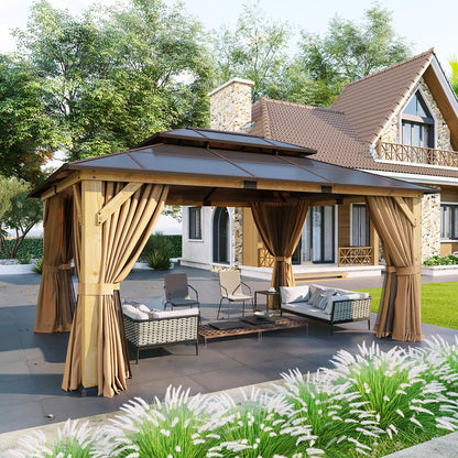 Aoxun 12' x 16' Outdoor Wood Gazebo with Double Polycarbonate Top, Hardtop Gazebo Permanent Wooden Pavilion with Breathable Netting and Privacy Curtain for Patio, Garden, Deck, Cedar Wood, Natural