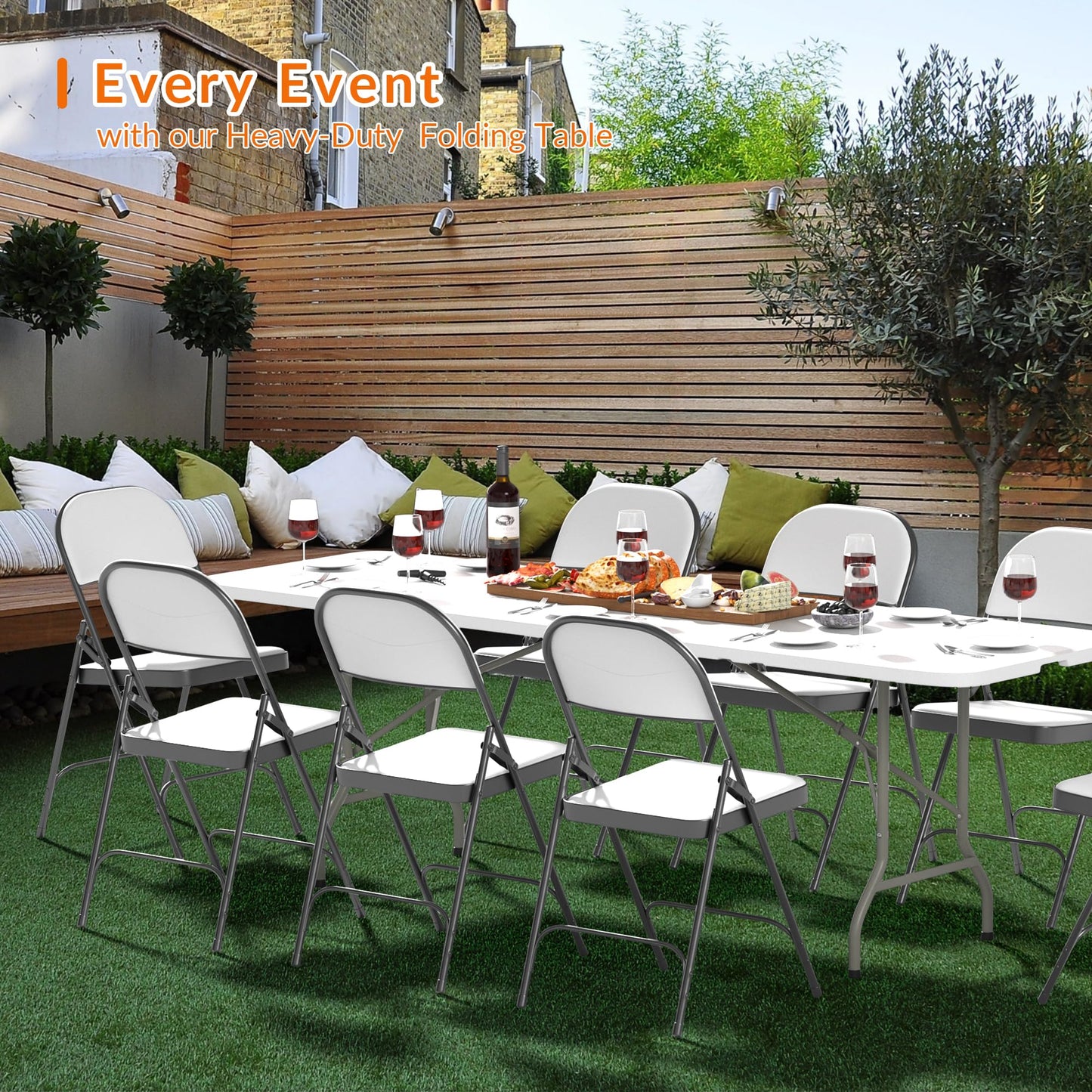 Elevon Folding Table Set with 10 White Folding Chairs,8 Feet Heavy Duty Fold-in-Half Utility Table Sets for Picnic, Event, Training, Outdoor Activities, at Home and Commercial Use