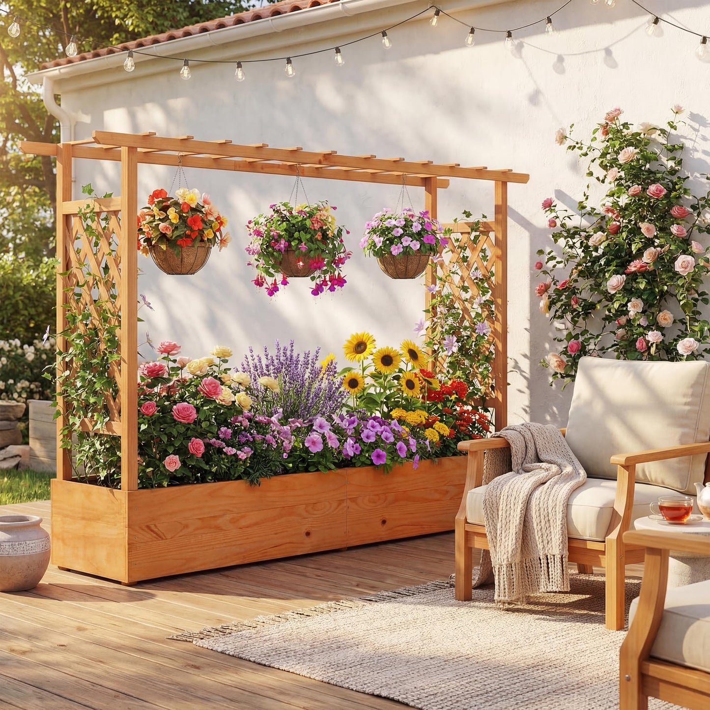 HAPPYGRILL Raised Garden Bed with Trellis, 2 Pack Freestanding Wood Planter Box w/Hanging Roof & 8 Drainage Holes for Vine Climbing Plants Flowers, Outdoor Planter with Trellis for Garden Patio Yard