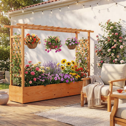 HAPPYGRILL Raised Garden Bed with Trellis, 2 Pack Freestanding Wood Planter Box w/Hanging Roof & 8 Drainage Holes for Vine Climbing Plants Flowers, Outdoor Planter with Trellis for Garden Patio Yard