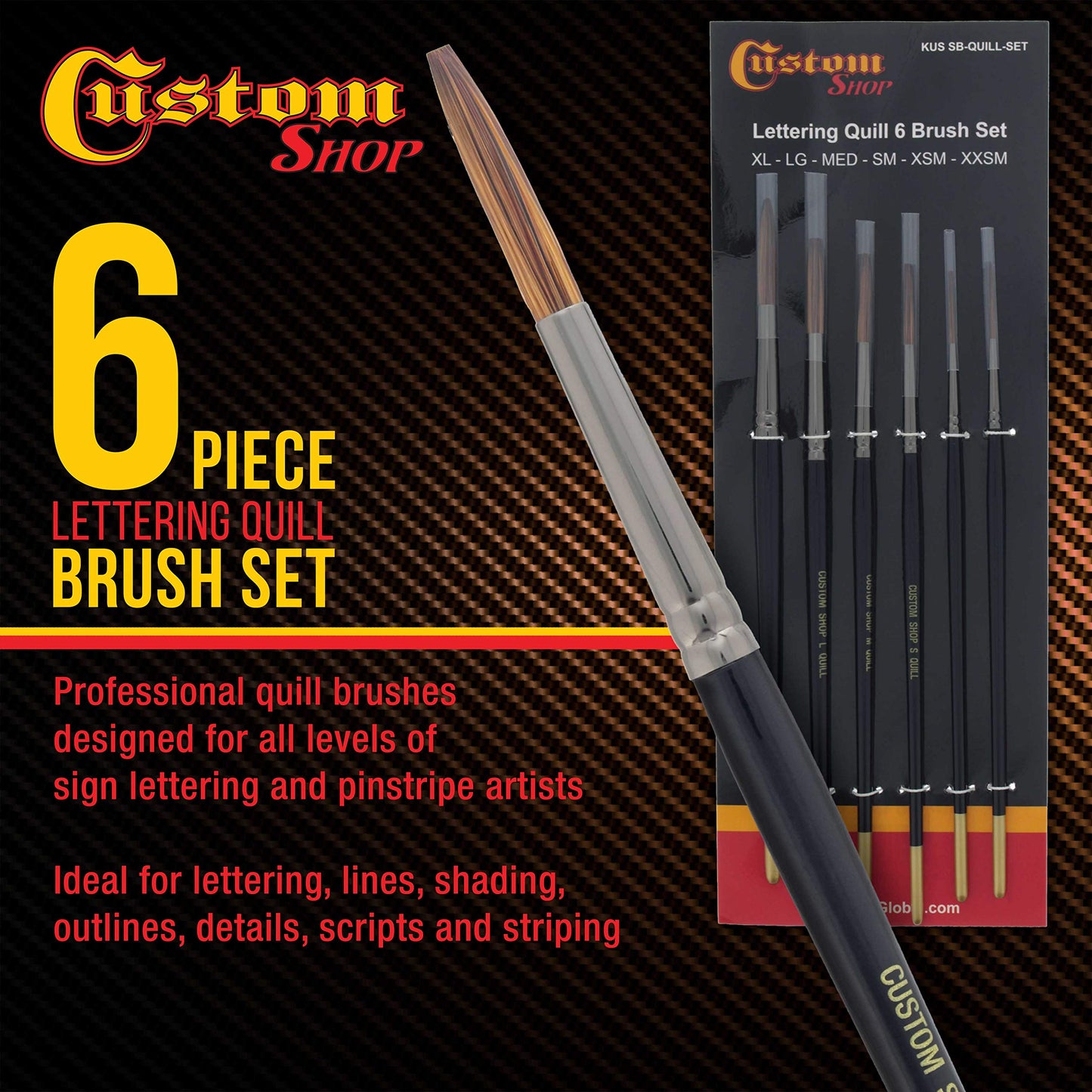Custom Shop Set of 6 Lettering Quill Brushes for Sign Painting, Sizes XL, LG, MED, SM, XSM, XXSM - Brush Bristle Blend of Squirrel Taklon Hair, Professional Paint Pinstriping Striping Letter Lines Art