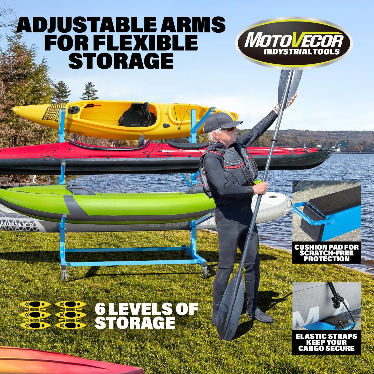 Indoor Outdoor Kayak Storage Rack with Lockable Wheels, Heavy Duty Adjustable Metal Stand for 6 Kayaks, Canoe, Paddle Board, SUP, Surfboard, Movable Metal Kayak Stand for Garage and Outdoor Storage