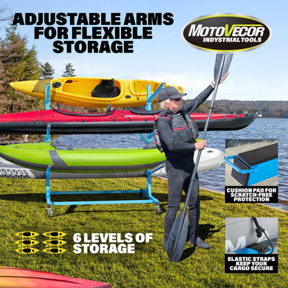 Indoor Outdoor Kayak Storage Rack with Lockable Wheels, Heavy Duty Adjustable Metal Stand for 6 Kayaks, Canoe, Paddle Board, SUP, Surfboard, Movable Metal Kayak Stand for Garage and Outdoor Storage