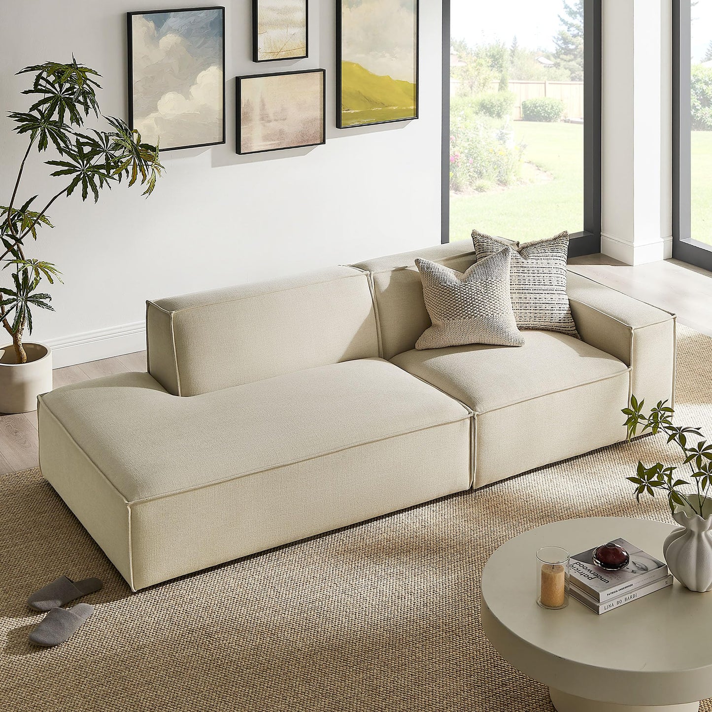 Modway Restore Performance Fabric Upholstered 2-Piece Modular Loveseat in Ecru – Low Profile Sectional Sofa with Right-Facing Armchair and Left-Facing Armless Chaise