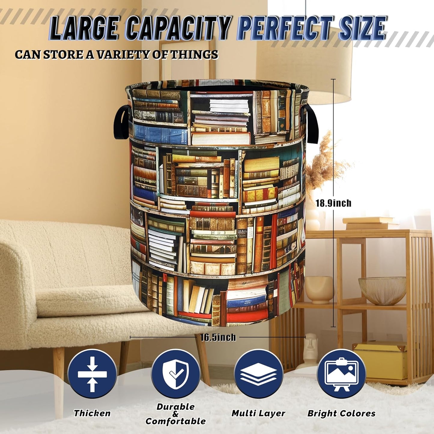 RGIFYIAE 18.9"x16.5" Retro Wooden Bookshelf Laundry Basket Oxford Cloth Books Laundry Hamper With Handle Foldable