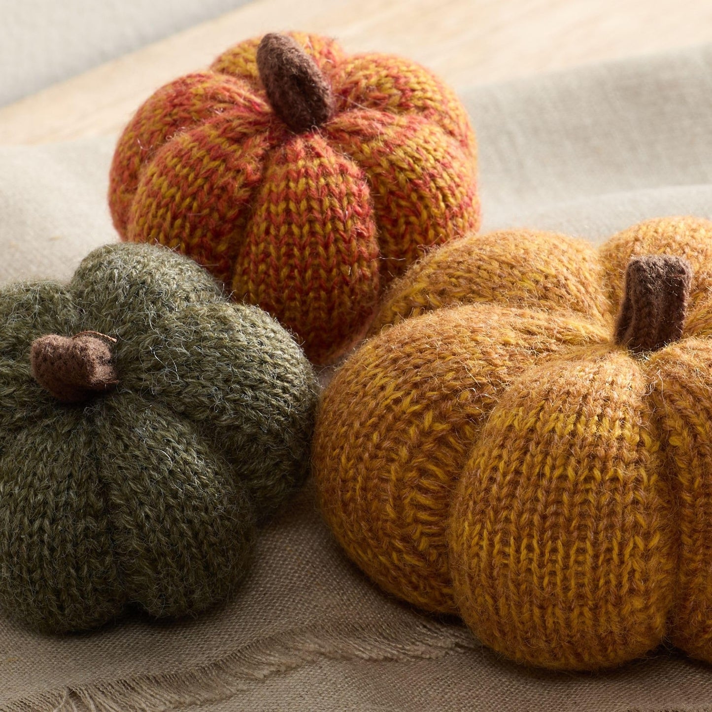 Your Heart's Content Set of 3 Cozy Mini Knit Pumpkins, Warm Green Gold Fall Table top décor, Soft Autumn Home Accents, Thanksgiving Table Setting (Marigold Multi-Size Set)