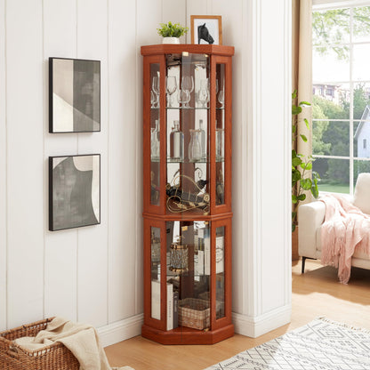 KEIKI 70" Corner Glass Display Cabinet with Adjustable Shelves, for Collectibles, Storage Curio Cabinet with Side-Hung Pane Doors, 5-Tier Showcase Display Case, Easy Assembly, for Living Room, Oak