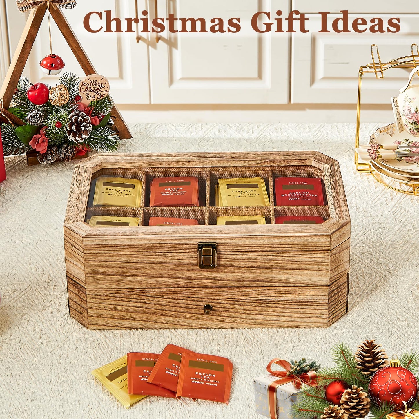 YIYYZI Tea Bag Organizer, Solid Wood 2 Layer Tea Box Organizer Storage, Christmas Gift Tea Bag Holder with Drawer Acrylic Window, Tea Organizer Caddy