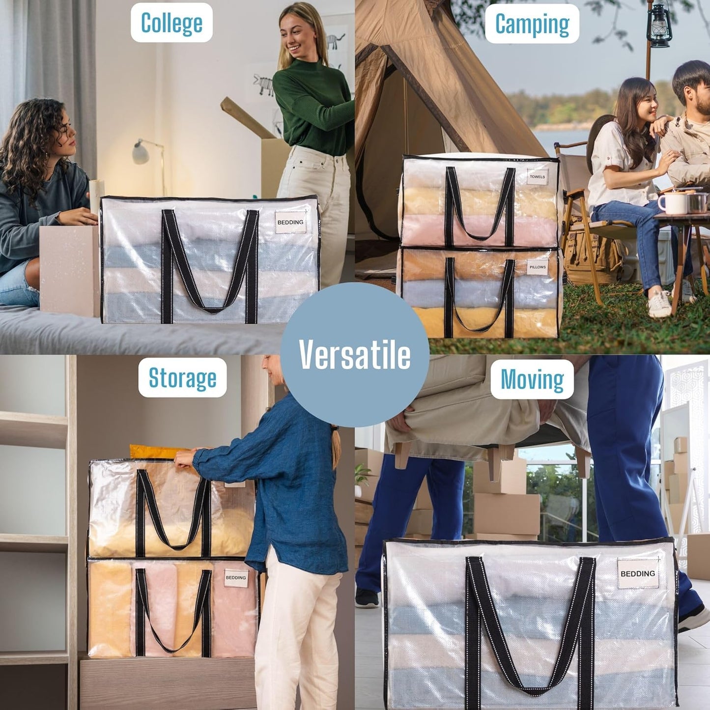 VENO 8 Pack Moving Bags, Heavy Duty Totes with Lids, College Packing Storage Boxes, Extra Large, Sturdy Handles, Zipper