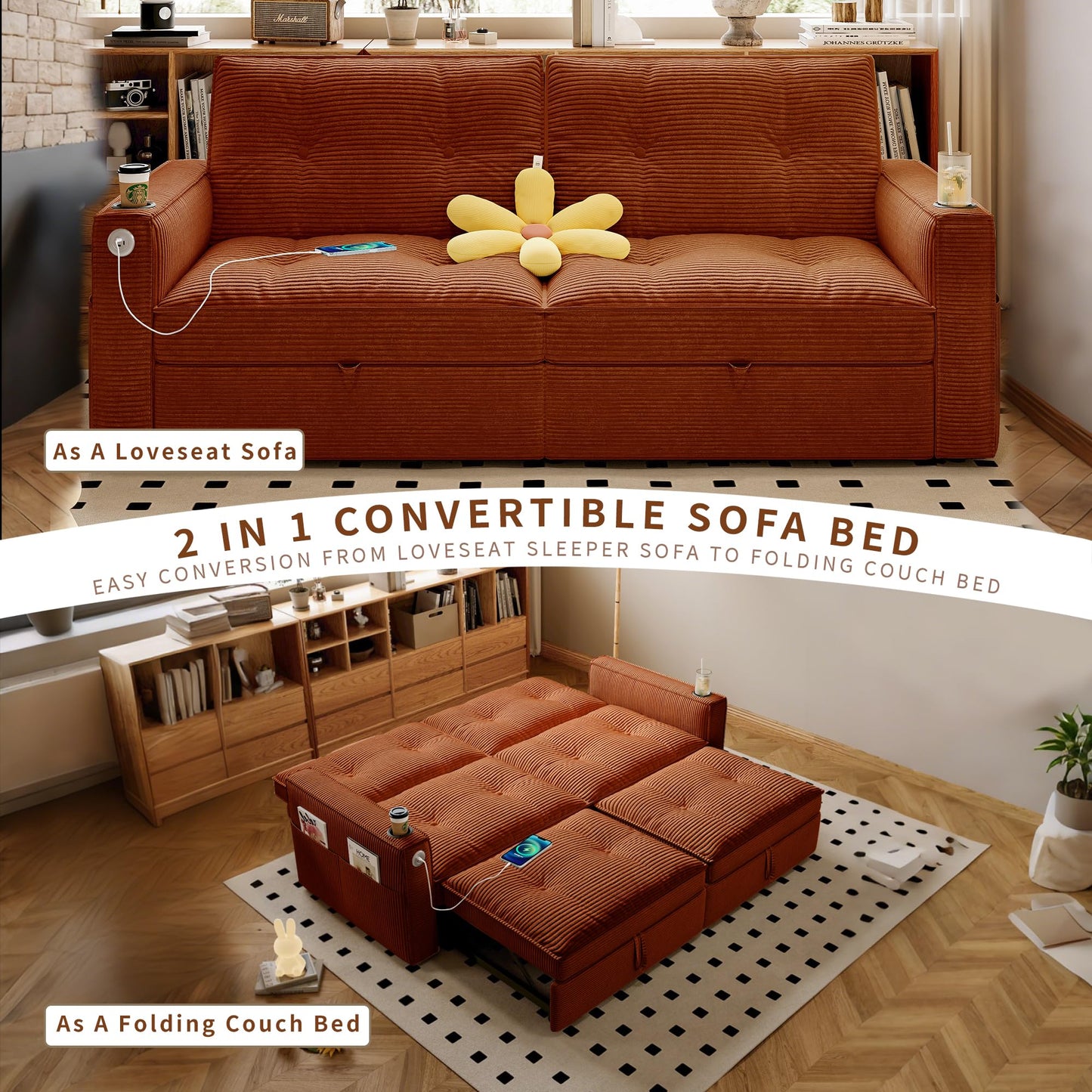KEIKI Convertible Sofa Bed, 3 in 1 Pull Out Couch, 73" Pull Out Sofa Bed with Side Pocket for Living Room, Bedroom, Small Space, Orange