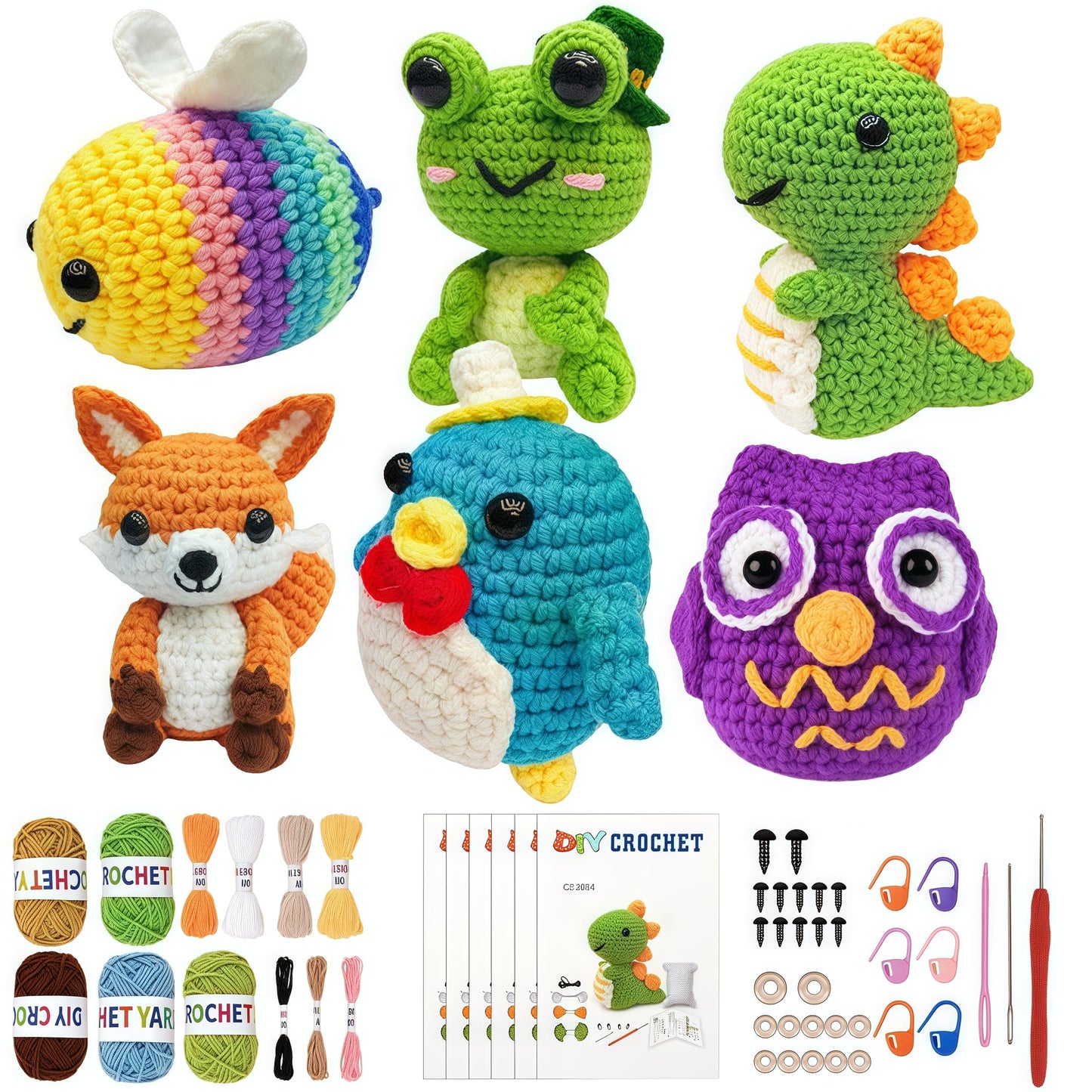 JackCao 6 Pack Crochet Kit for Beginners, 2026 DIY Craft for Adults, Crochet Animal Plush Kit with Step-by-Step Video Guides Tutorials Birthday Gift for Beginner Crochet Lovers ﻿ (Green)