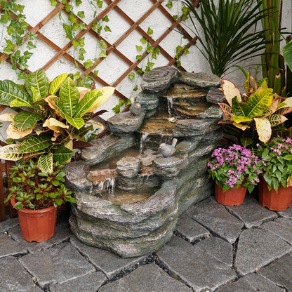 YZM 36.61" L Cascading Outdoor Water Fountain with LED Lights 5-Tier Resin Rock Waterfall Fountain for Garden, Patio, Yard or Indoor Decor
