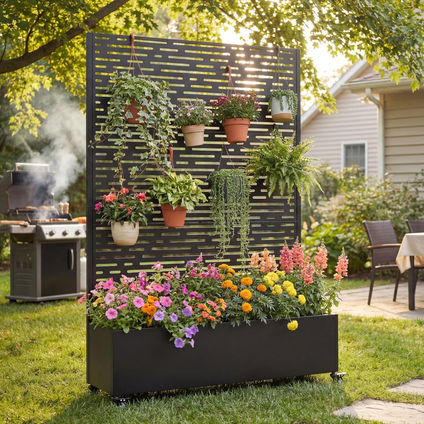 KEIKI 73"x47"x16" Planter Trellis Box with Wheels, Drainage Holes, Outdoor Resin Raised Garden Bed for Climbing Plants, Large Weather-Resistant Design, Black