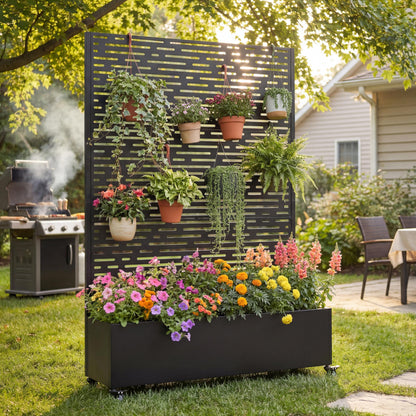 KEIKI 73"x47"x16" Planter Trellis Box with Wheels, Drainage Holes, Outdoor Resin Raised Garden Bed for Climbing Plants, Large Weather-Resistant Design, Black