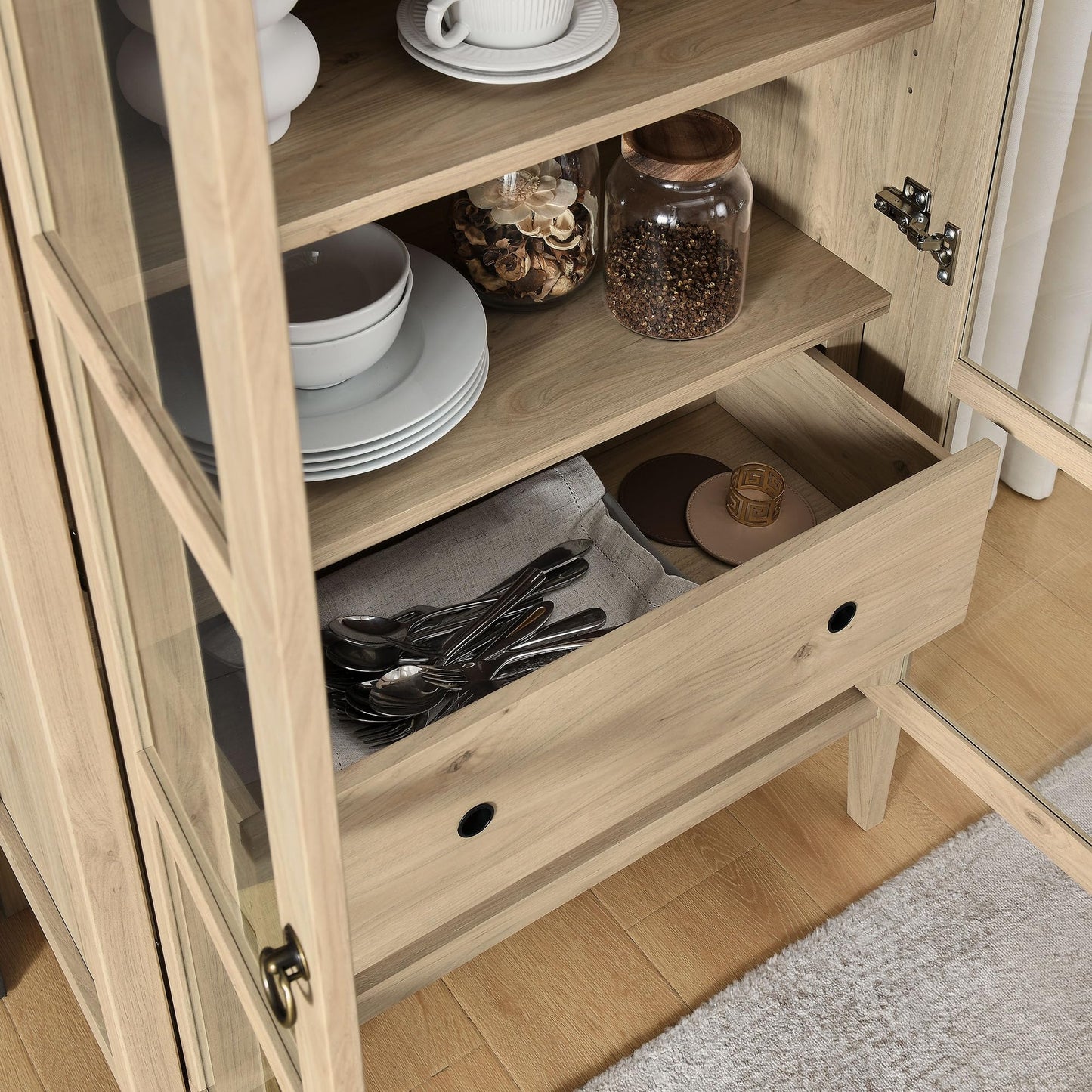 Modway Nolan Modern Farmhouse 71 Inch Tall Arched Storage Display Cabinet in Light Oak Wood Grain - 4-Tier Bookcase with Glass Doors and Shelves - Arch Accent Cabinet for Living Room