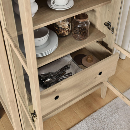 Modway Nolan Modern Farmhouse 71 Inch Tall Arched Storage Display Cabinet in Light Oak Wood Grain - 4-Tier Bookcase with Glass Doors and Shelves - Arch Accent Cabinet for Living Room