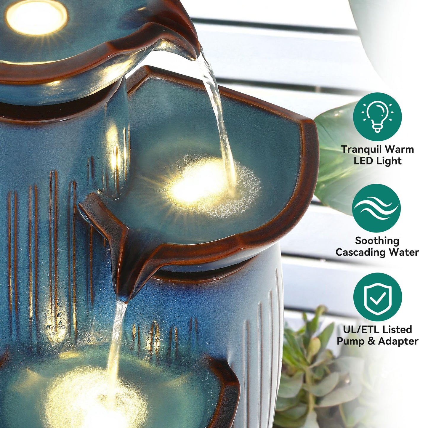 Autodaya 30" H Ceramic Outdoor Water Fountain with LED Lights, 3-Tier Cascading Lotus Bowls Water Feature, Soothing Cascading Waterfall for Garden, Patio, Yard, Turquoise Vertical Striped Texture