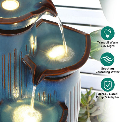 Autodaya 30" H Ceramic Outdoor Water Fountain with LED Lights, 3-Tier Cascading Lotus Bowls Water Feature, Soothing Cascading Waterfall for Garden, Patio, Yard, Turquoise Vertical Striped Texture