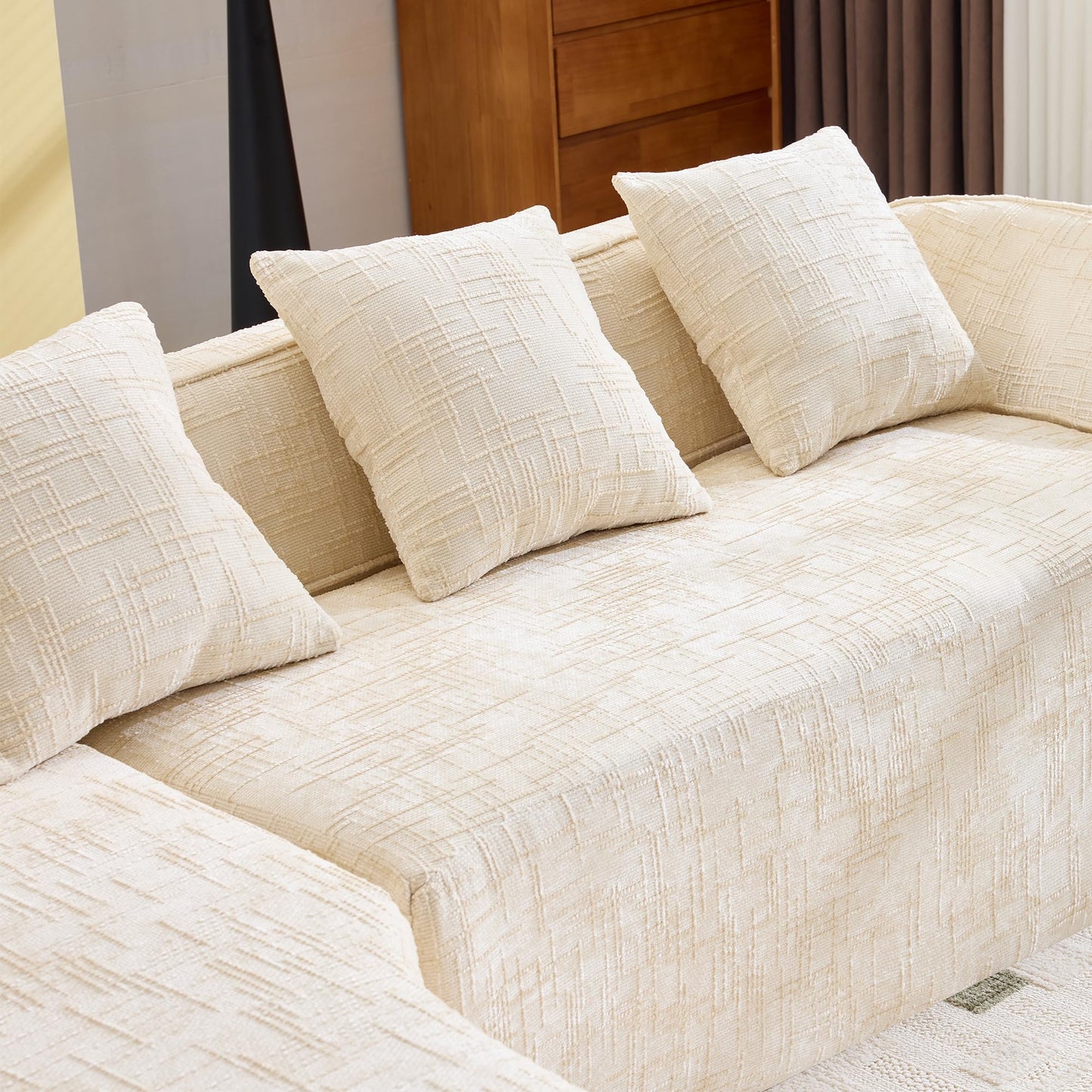 KEIKI 101.18" Cloud Sofa, Chenille L-Shape Sectional Sofa with Chaise, Four Pillows, Compressed Sofa Couch for Living Room, Guest, Bedroom, No Assembly Required, Beige