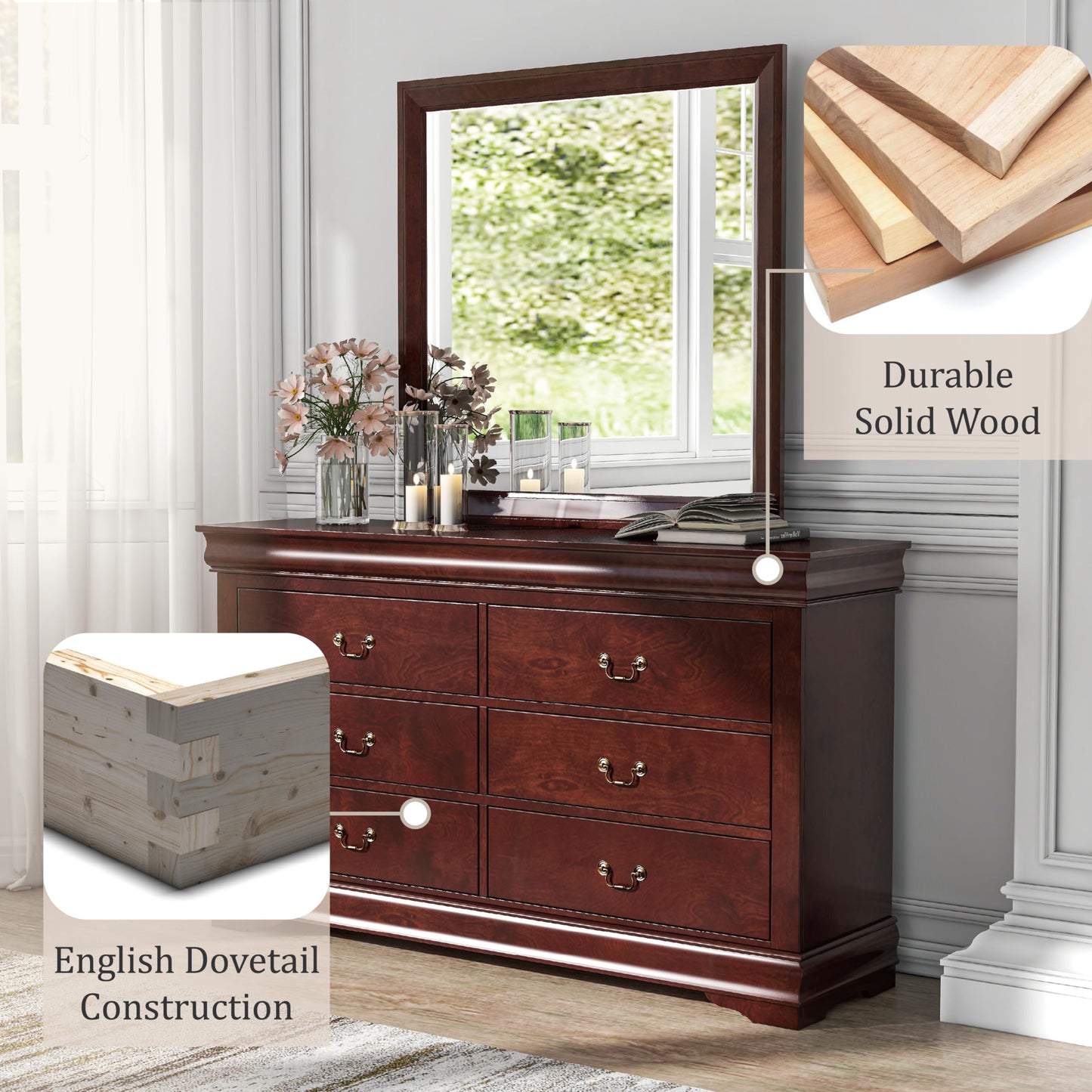 Furniture of America Louis Philippe Traditional Wooden 6 Drawer Dresser with Mirror, Vintage Bedroom Set, Accent Vanity Dressing Table with Antique Nickle Handles, Walk-in Closet, Cherry