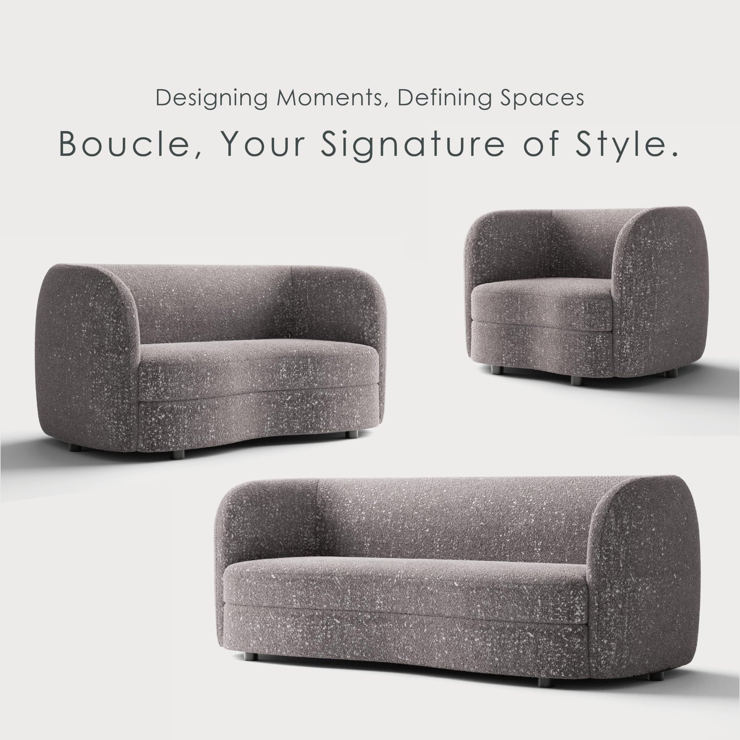 Furniture of America Nimiane Modern Boucle 3 Piece Sofa Set with Curved Arms and Wooden Legs, Accent Furniture Sets for Living Room, Home Office, Bedroom, Lounge, Charcoal Gray
