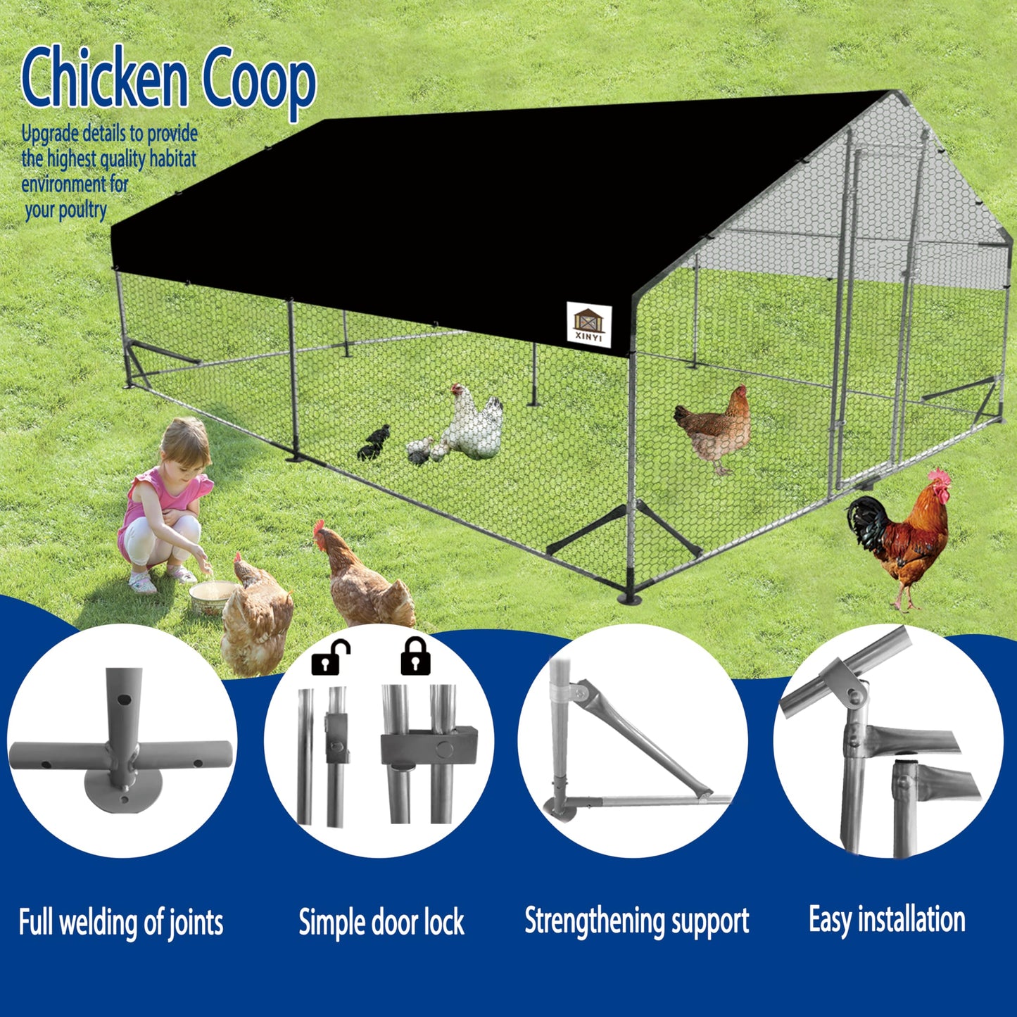 Chicken Runs for Yard with Cover, Metal Chicken Coop, Upgraded Anti-UV 180g/㎡ PE Cloth & 1.1mm Thickened PVC-Coated Hexagonal Chicken Wire Mesh & More Galvanized Steel Standpipes,13.1×9.8×6.4FT