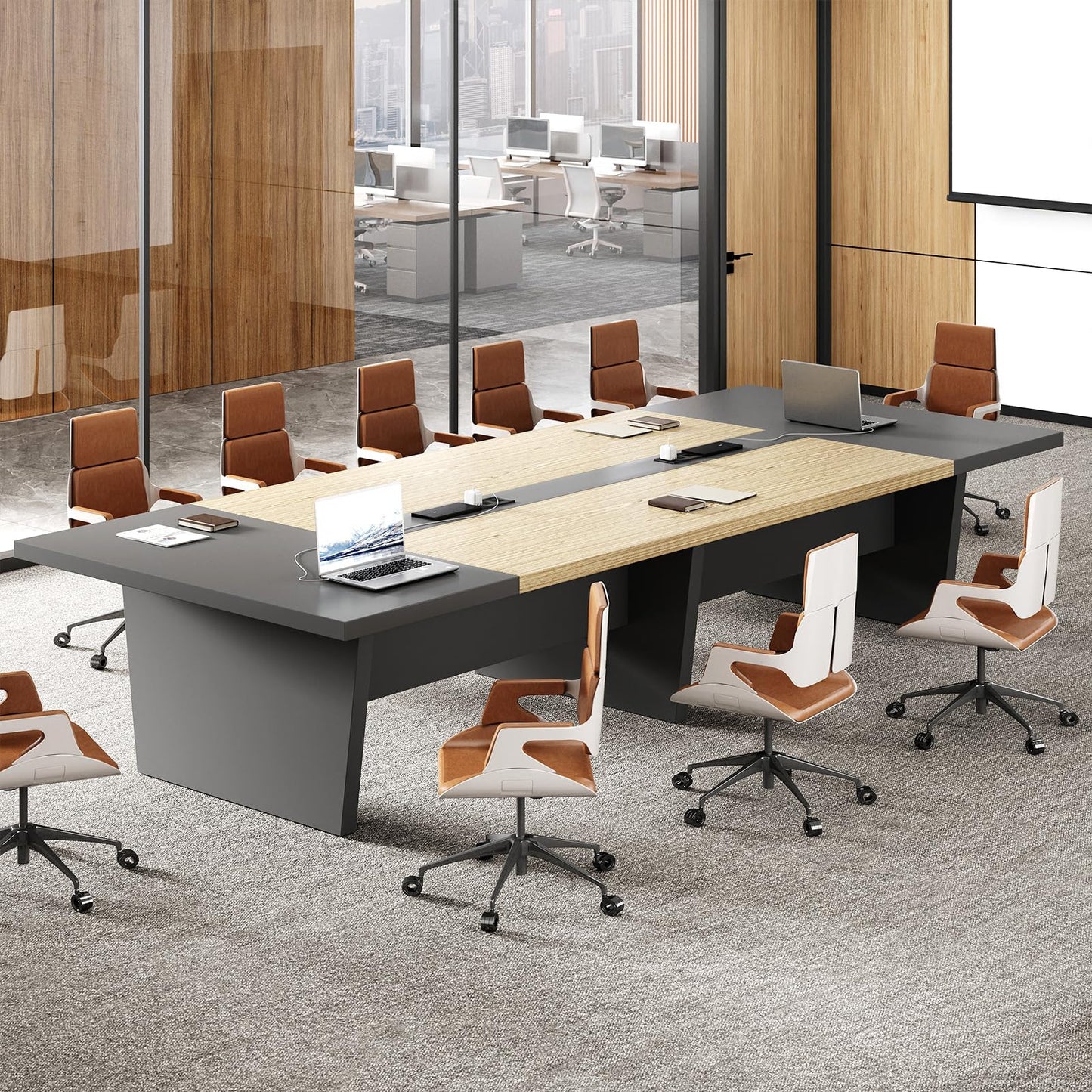 Nuipesn 95" Rectangular Conference Table, Seats 8-10, Built-in Power Outlets & USB Charging Ports, Cable Management, 2-Inch Thick Top, Oak/Grey