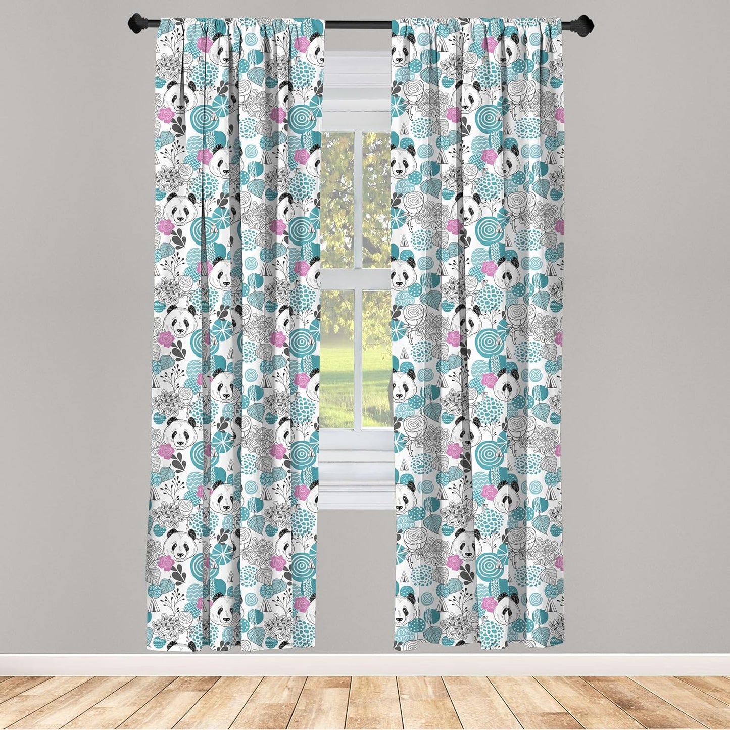 Lunarable Panda Window Curtains, 2-Panel Set with Portraits of Chinese Bears on Sketch Flowers, 28" x 63", Blue Grey