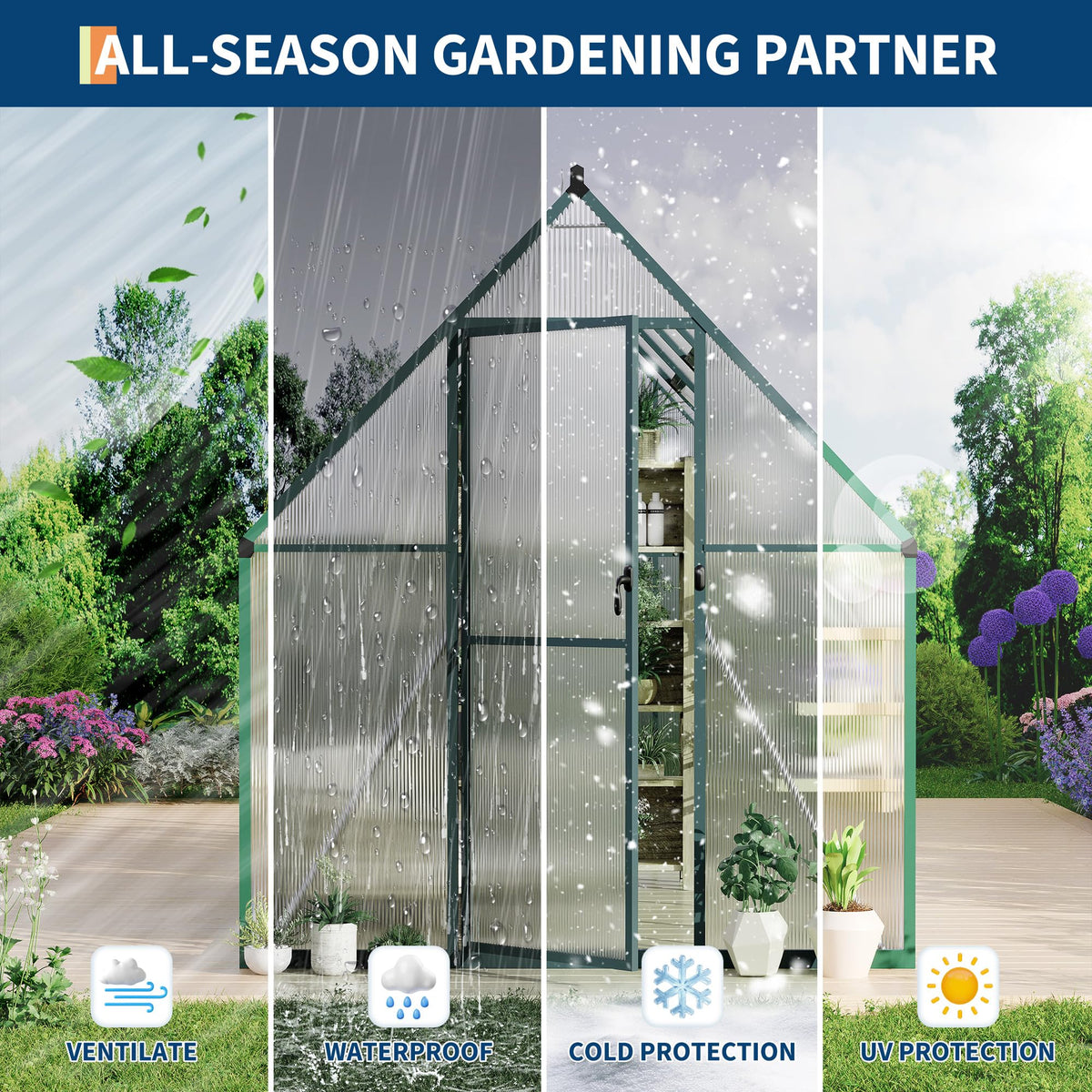 Polycarbonate Greenhouse for Outdoors, Large Walk-InGreenhouse with Quick Setup Structure and Roof Vent, Greenhouse with Ventilation