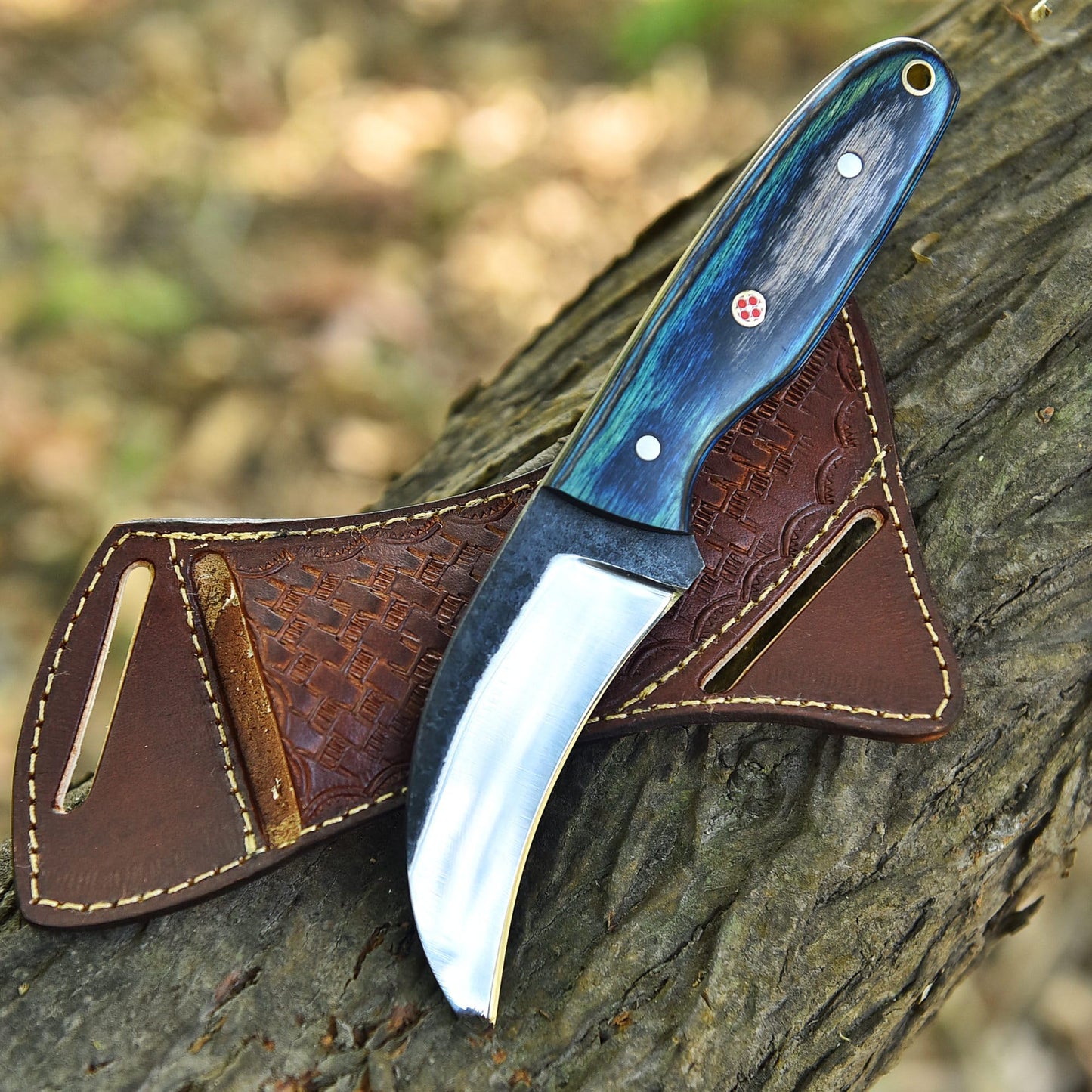 Trade Scorpio Handmade 1095 high Carbon Steel Lineman Hawkbill knife- Wire Skinnning Knives- With Pancake Leather Sheath- Fixed Blade Knife- electrician knife (Blue & black Wood)