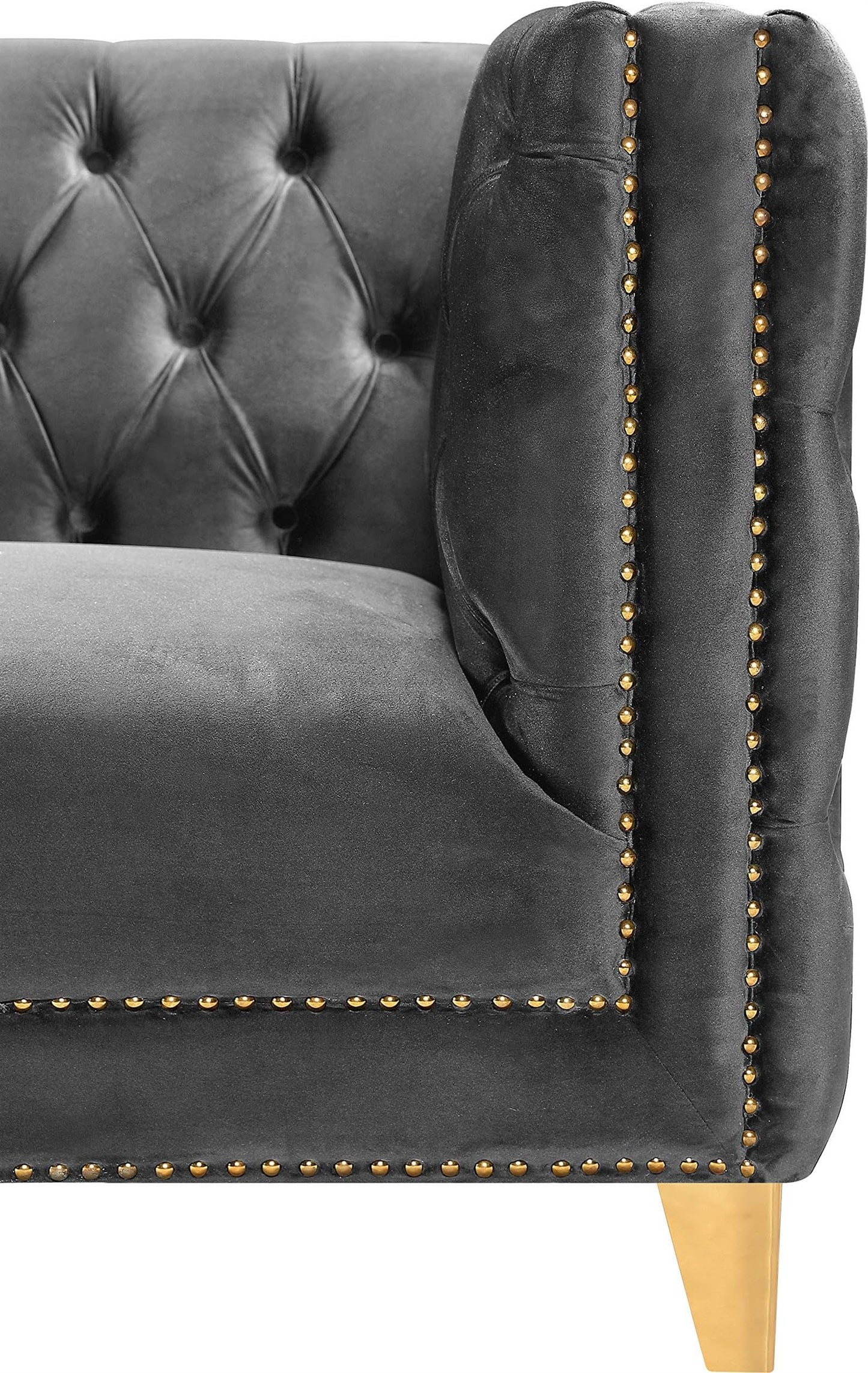 Meridian Furniture 652Grey-C Michelle Collection Modern | Contemporary Chair with Deep Button Tufting, Gold Nailhead Trim and Sturdy Gold Iron Legs, Grey Velvet, 44" W x 34" D x 30" H