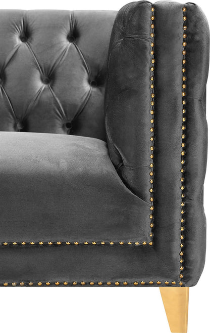 Meridian Furniture 652Grey-C Michelle Collection Modern | Contemporary Chair with Deep Button Tufting, Gold Nailhead Trim and Sturdy Gold Iron Legs, Grey Velvet, 44" W x 34" D x 30" H