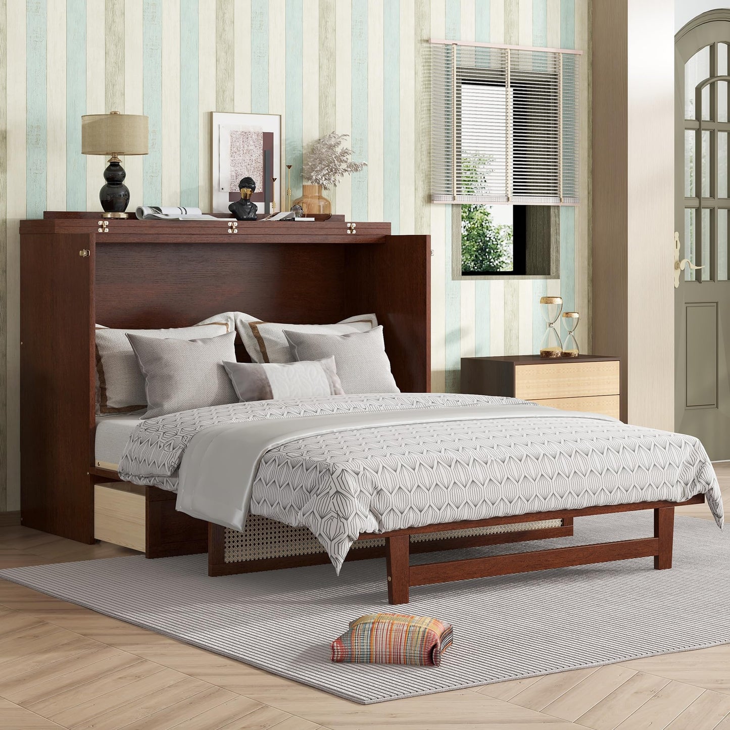 Queen Size Murphy Bed Cabinet with Rattan Panel,Pine Wood Cabinet Bed with Storage Drawer,Space-Saving Foldable Beds with Integrated Platform,Convertible Guest Beds for Bedroom Living Room,Walnut