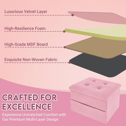 16"x12"x12" ZOES HOMEWARE Small Storage Ottoman Foot Rest, Velvet Ottoman with Storage and Side Pocket, Pink Foot Rest