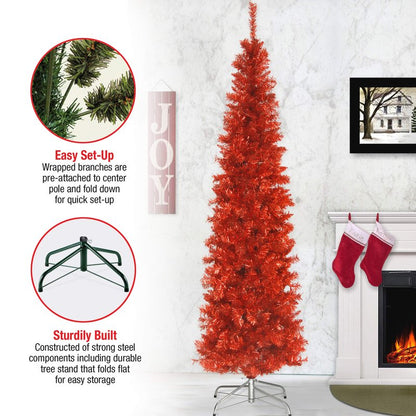 National Tree Company Artificial Christmas Tree, Red Tinsel, Includes Stand, 6 feet