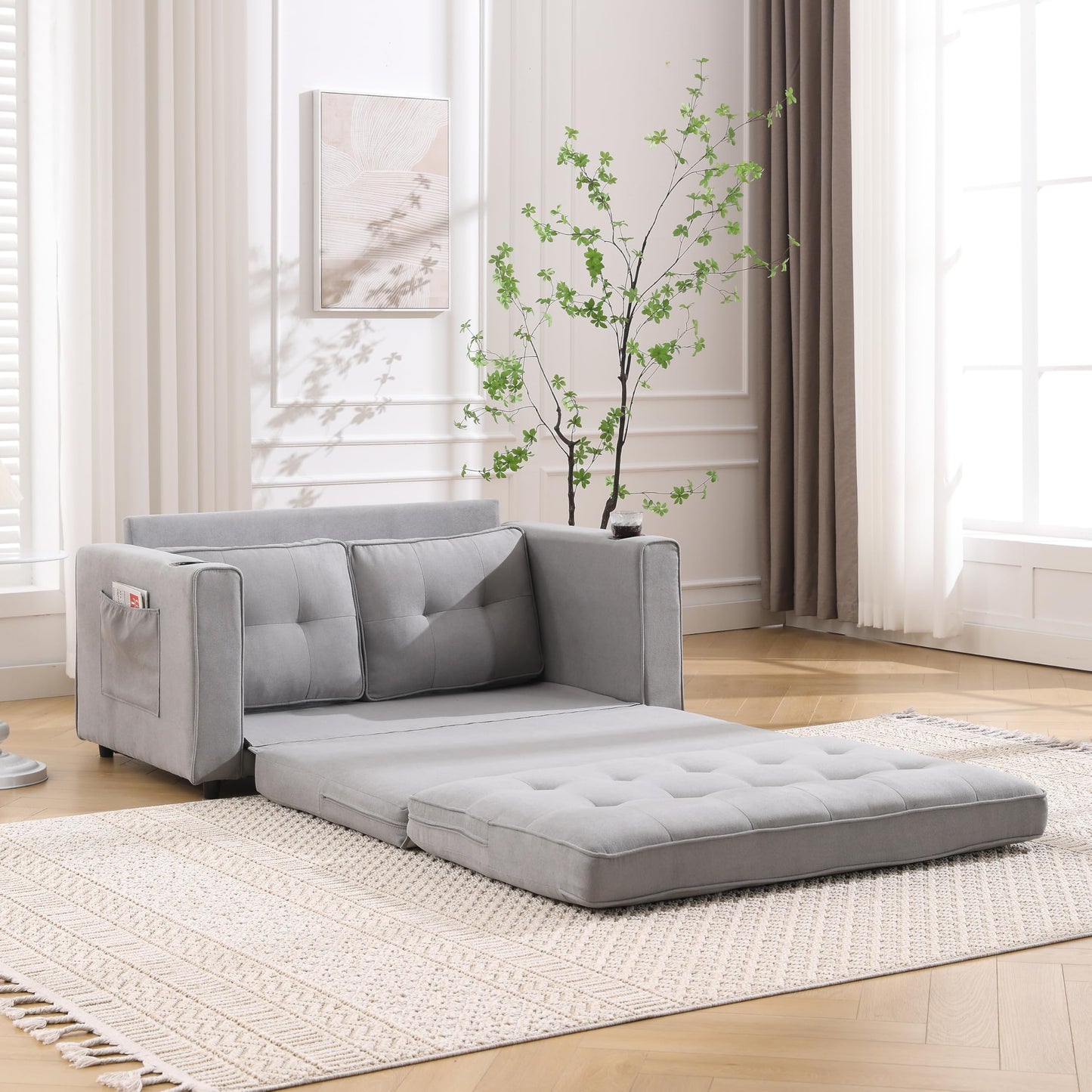 Trygoal Convertible Sofa Bed, Folding Loveseat Sleeper Sofa Bed with Pillows,Fold Out Floor Couch with Cup Holder, Fabric Pull Out Sleeper Couch Bed for Living Room, Bedroom Lounge, Light Gary