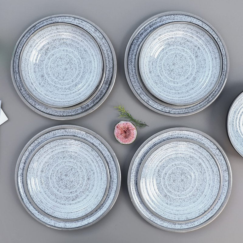 Melamine Dinnerware Sets 12 PCS - Service for 4 Plates & Bowls Sets Dishwasher Top-Shelf Safe, BPA Free Dinner Dishes Set for Everyday Use-Granite Pattern Black Back